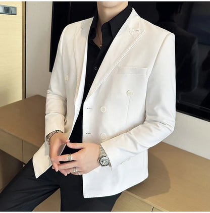 Autumn High-quality Double Breasted Slim Fit Suit Jacket Men Versatile Casual Business Blazer Wedding Social Banquet Formal Coat