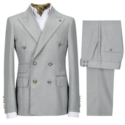Men Suit 2 Pieces Gray Double Button Solid With Lapel For Wedding Banquet Birthday Party Business Work Set Jacket With Pants