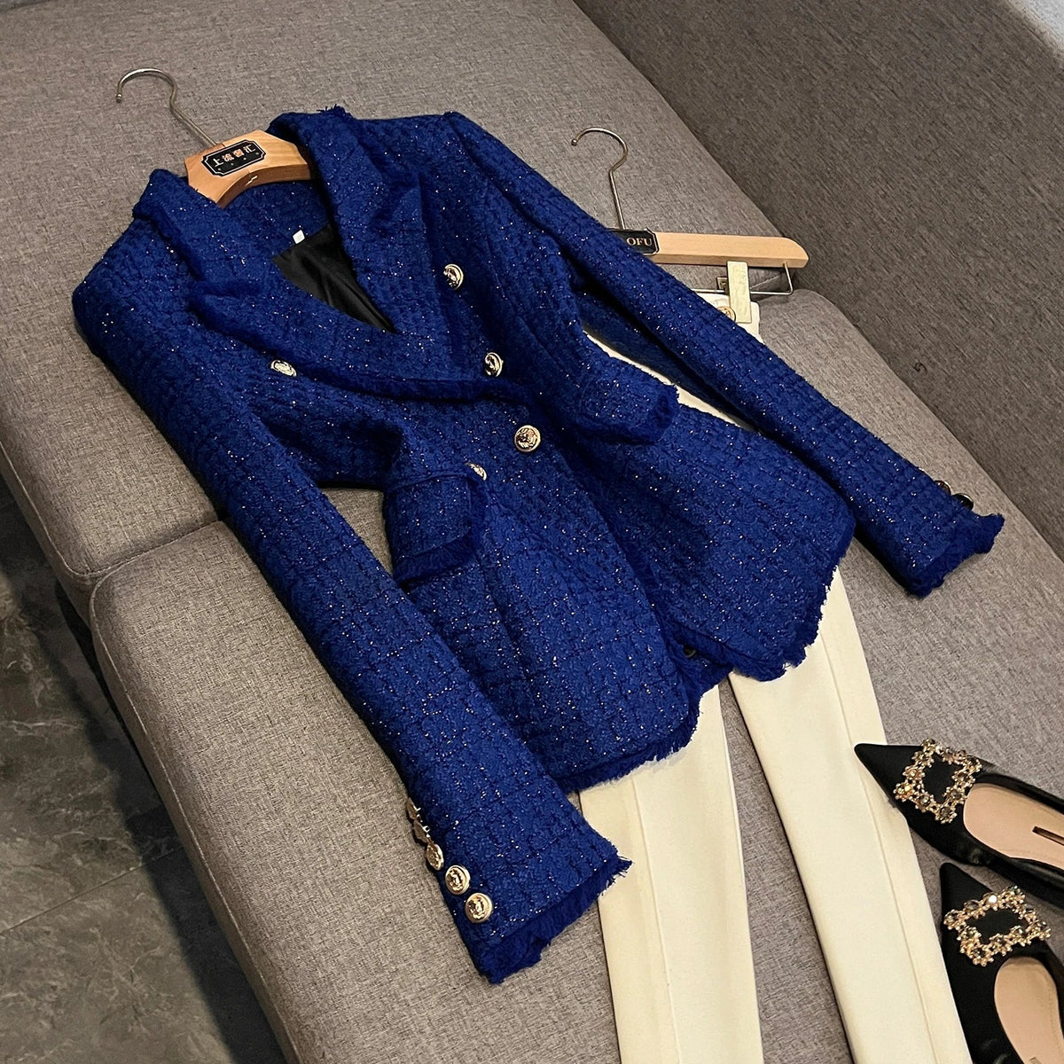 Slim Fit Deep Blue Long Sleeve Suit Coat for Women Commute Style Asymmetric Hem Tailored Jacket Business Casual Outerwear