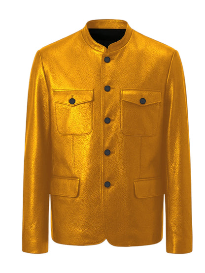 Men Premium Leather-Like Stand Collar Jacket Single Breasted Casual Multi-Pocket Slim Fit Business Outerwear