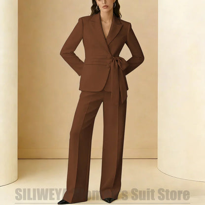 Women's Suit 2 Piece Bow Belt Design Formal Outfit for Wedding Party Prom Office Fashion Peak Lapel Daily Casual Lady Suits