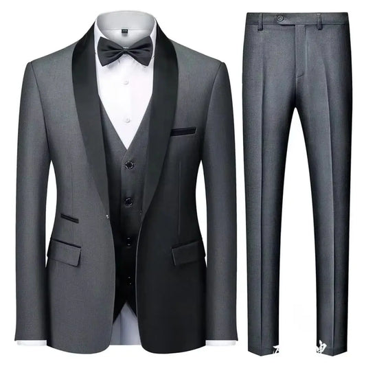 Men's 3 Piece Slim Fit Tuxedo Suit One Button Jacket with Vest Pants And Shawl Lapel for Wedding Prom Formal Blazer