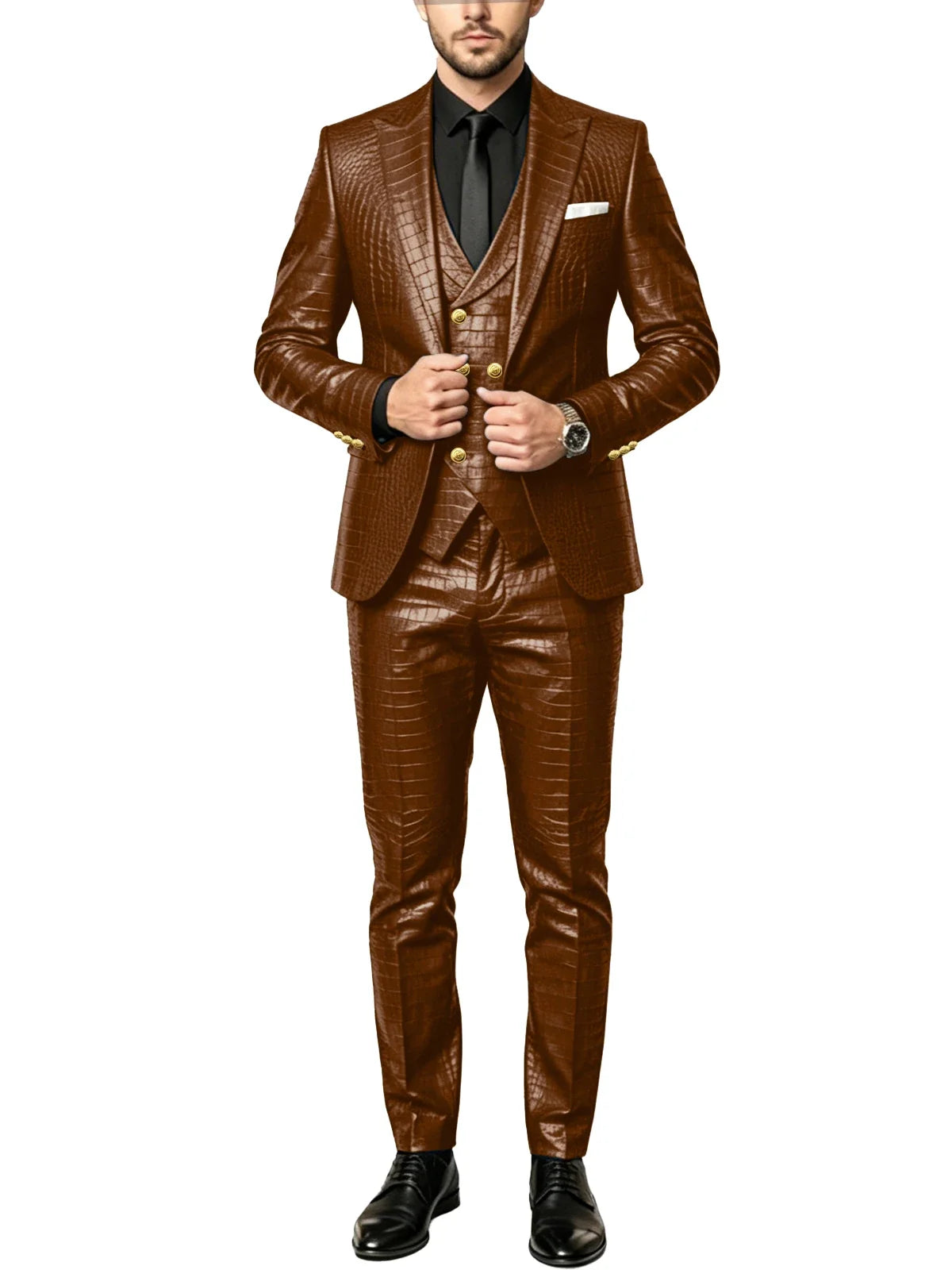Men's 3 Piece Suit Crocodile Pattern Prime PU Leather Single Breasted Gold Buttons Slim Fit Wedding Dinner Party Formal Outfit ﻿