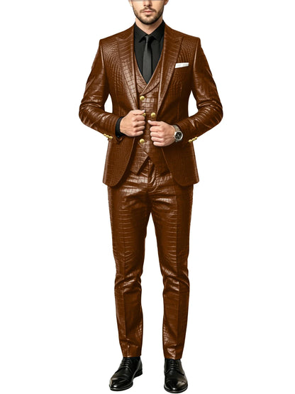 Men's 3 Piece Suit Crocodile Pattern Prime PU Leather Single Breasted Gold Buttons Slim Fit Wedding Dinner Party Formal Outfit ﻿