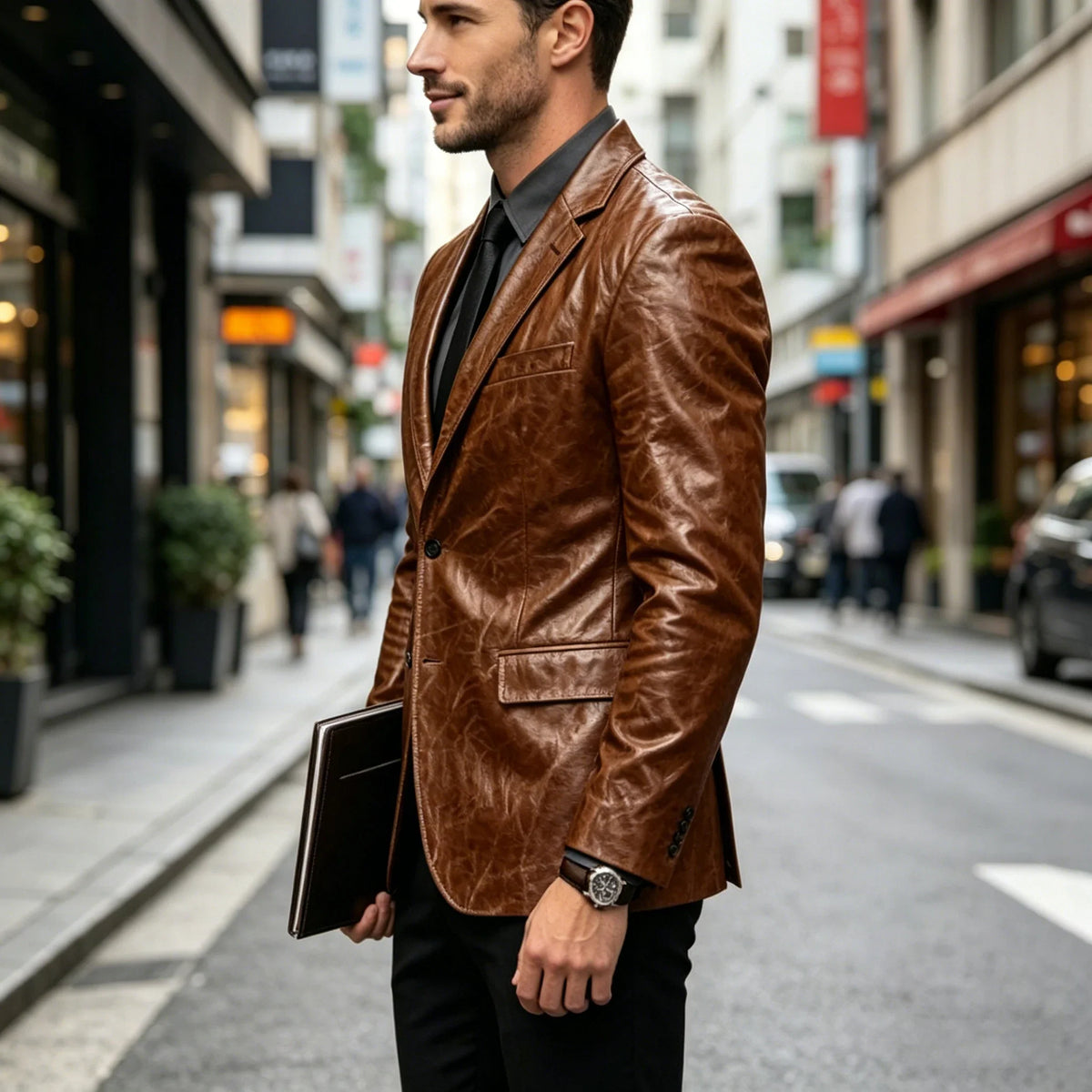 Vintage Wrinkled Men's PU Leather Blazer Slim Fit Notched Lapel Business Suit Jacket Two Button Casual Sport Coats for Office