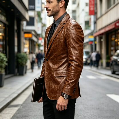Vintage Wrinkled Men's PU Leather Blazer Slim Fit Notched Lapel Business Suit Jacket Two Button Casual Sport Coats for Office