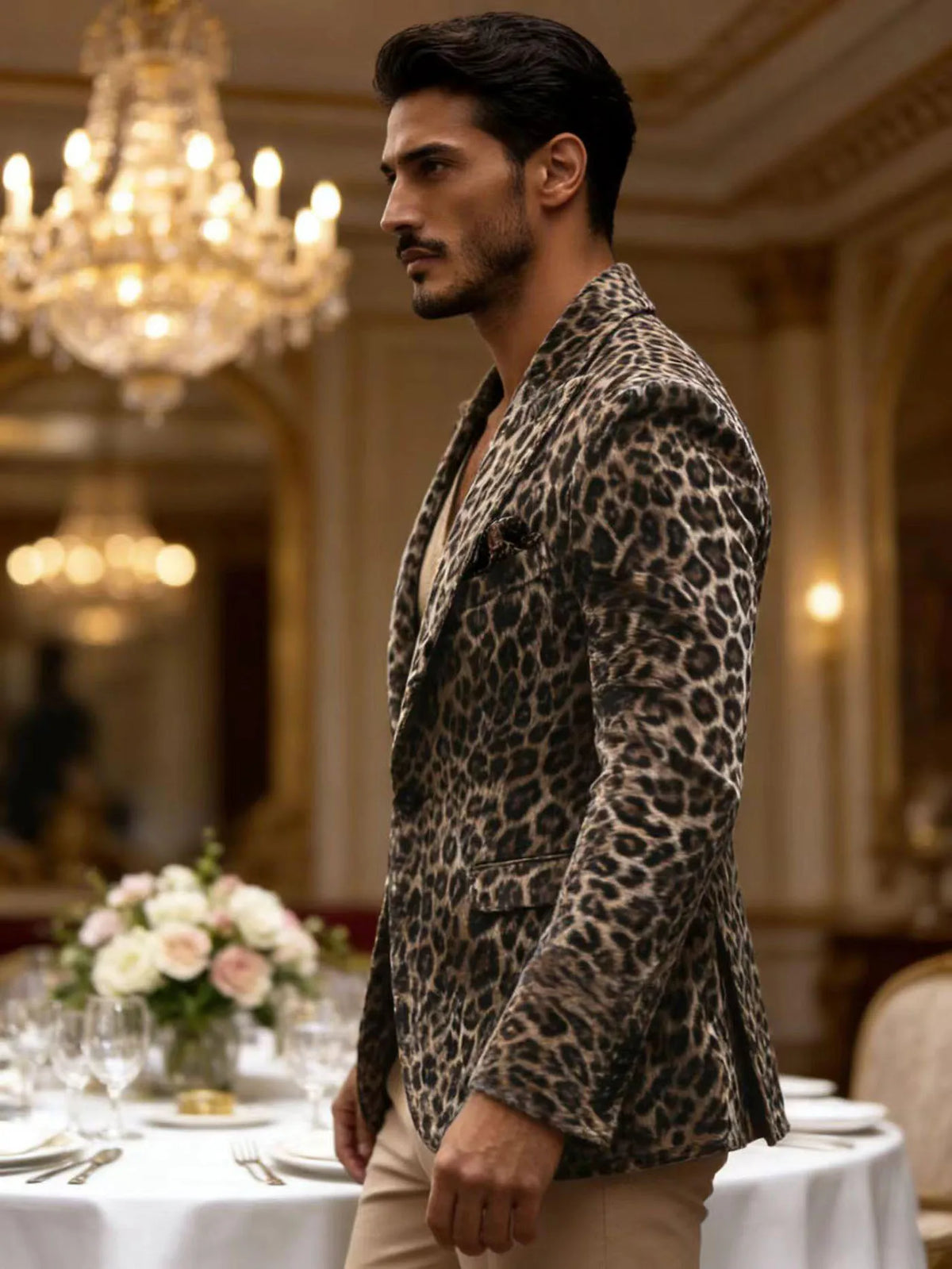 Men’s Leopard Print Velvet Blazer Peak Lapel Slim Fit Sport Coat Luxury Vintage Style Jacket for Party Night Out Male Outerwear