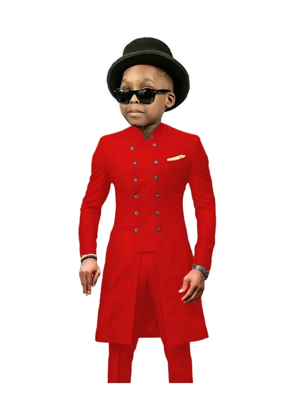 African Stand Collar Kids Long Suit Set 2 Pieces Wedding Guest Outfit Double Breasted Boys Formal Tuxedo Birthday Party Wear