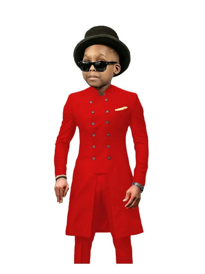 African Stand Collar Kids Long Suit Set 2 Pieces Wedding Guest Outfit Double Breasted Boys Formal Tuxedo Birthday Party Wear
