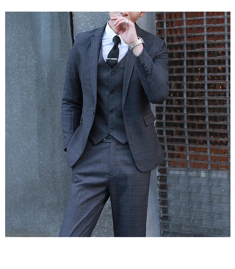 Men's Autumn Winter Trendy Three-Piece Suit Set Slim Fit Stylish Vest Trousers Ensemble Handsome Personality Wardrobe Essential