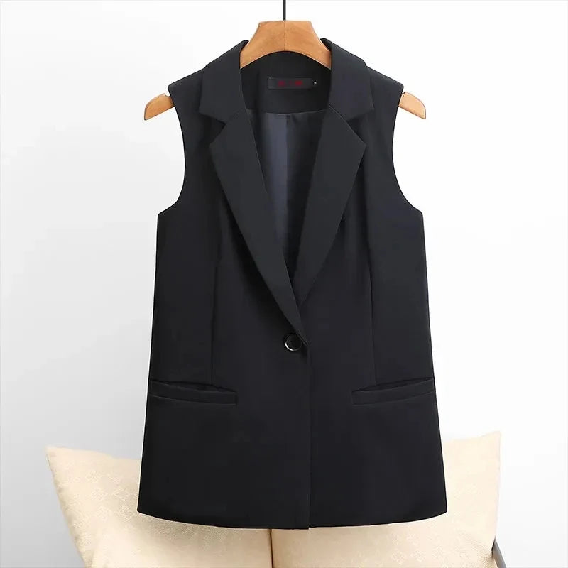 Autumn New Casual Lined Blazer Vest For Women Korean Loose Single Buckle Sleeveless Suit Coat Female Waistcoat Black Vest
