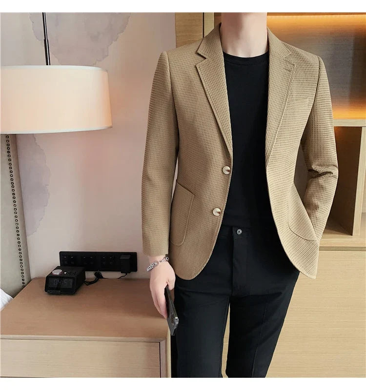 2025 Spring New Waffle Suit Coats Men Slim Fit Business Casual Blazer Jacket Homme Formal Groom Prom Wedding Tuxedo 4XL-M