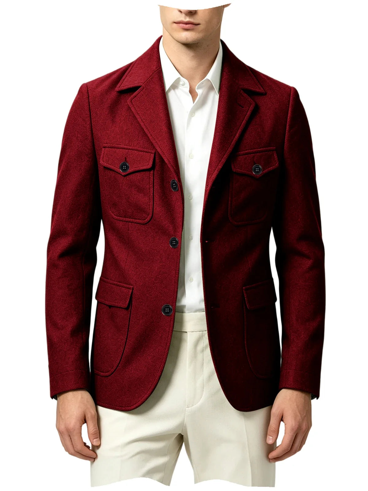 Men's Wool Blazer Notched Lapel Slim Fit 3 Buttons Suit Jacket Multi Pockets Casual Business Autumn Winter Dress Coat Daily Wear
