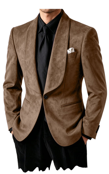 Luxury Men's Faux Suede Blazer Shawl Lapel 1 Button Slim Fit Tuxedo Jacket Business Casual For Wedding Party Prom Suit Coat