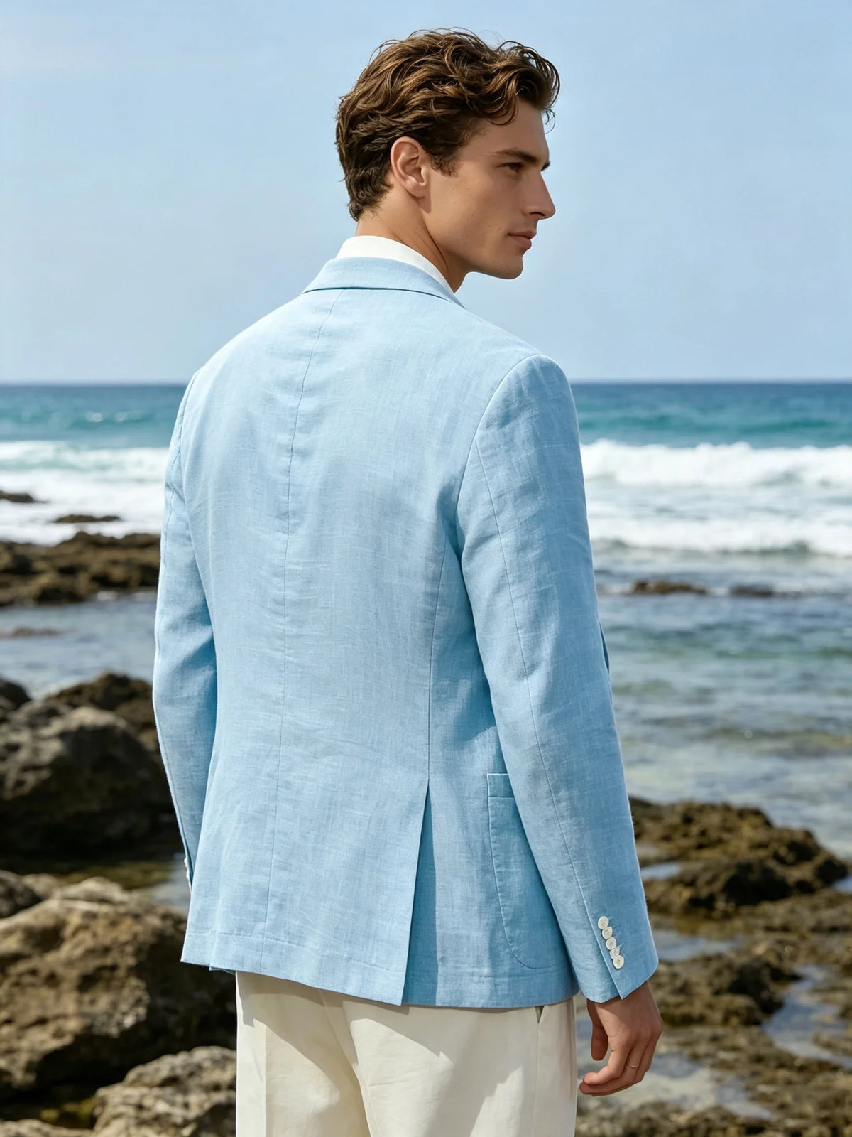 Summer Cotton Linen Blend Men Blazer Double Breasted Casual Suit Jacket Lightweight Soft Elegant Dress Coat For Prom Work Party