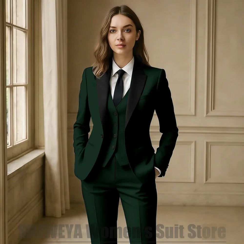 Women Royal Blue 3 Piece Tuxedo Suit Blazer Vest Pants with Black Lapel Slim Fit Formal Party Business Office Outfit