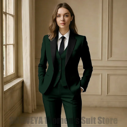 Women Royal Blue 3 Piece Tuxedo Suit Blazer Vest Pants with Black Lapel Slim Fit Formal Party Business Office Outfit