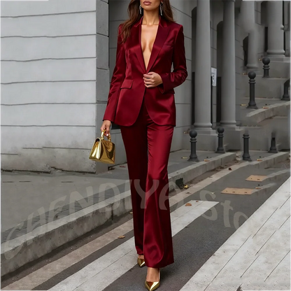 Customized Satin Women's Suit Two Piece Set Peaked Lapel Single Button Slim Fit Formal Occasion Luxury Outfit Modern Style
