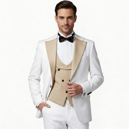 Men Suit White 3 Piece With Champagne Lapel For Wedding Groom Birthday Banquet Party Ball Business Office Work Jacket Vest Pants