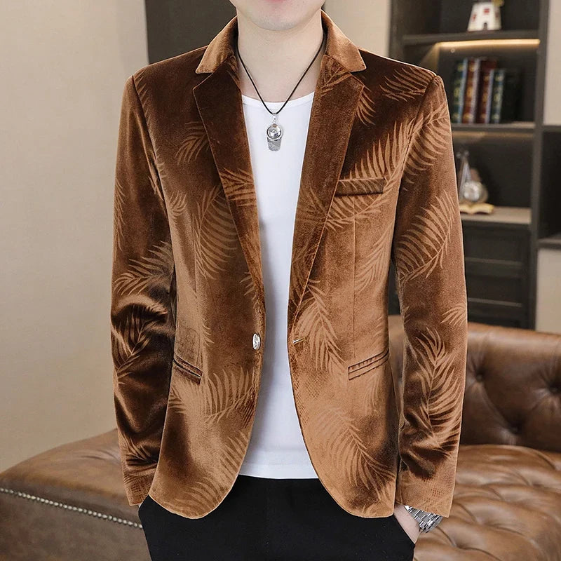 Blazer Men's Fashion Business Gentleman Groom Professional Gentleman Casual Velvet Bamboo Leaf Flower Dress High-end Blazer