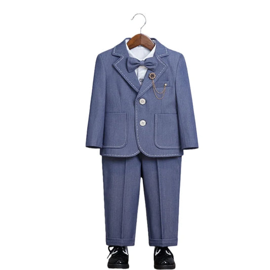 1-11Years Boys British Style Formal Suit Set Kids 5Pieces Wedding Birthday Outfit Set With Jacket Vest Pants Bowtie Brooch