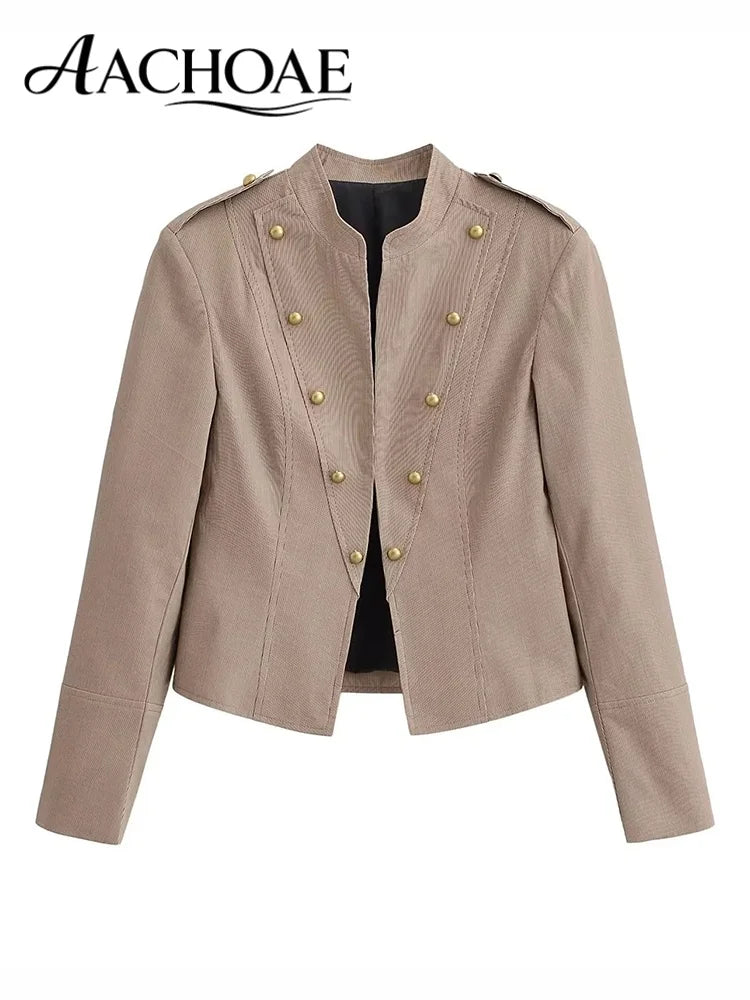 Women Military Style Cropped Blazer Jacket Gold Button Slim Short Suit Coat Stand Collar Elegant Office Lady Outerwear