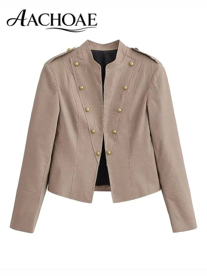 Women Military Style Cropped Blazer Jacket Gold Button Slim Short Suit Coat Stand Collar Elegant Office Lady Outerwear