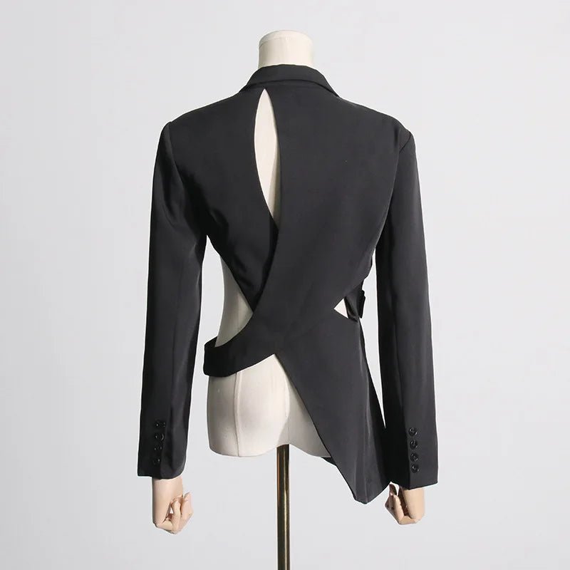 Women's Trendy Elegant High Street Hollow Out Design Pocket Slim Fit Coat Stylish Chic Asymmetric Long Sleeve Blazer HK8293