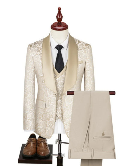 New Men's Jacquard Suit Set 3 Pieces Banquet Party Wear Chic Formal Shawl Lapel Suits For Men Classy Handsome Tuxedo XS-4XL