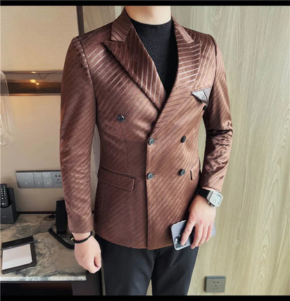 British Style Double Breasted Suit Jacket Men Striped Casual Business Blazers High Quality Wedding Social Banquet Dress Coats