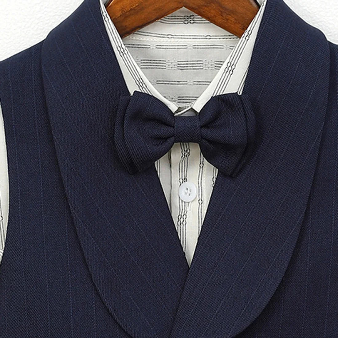 3Pcs Toddler Boy Gray Vest Suit Striped Short Sleeve Shirt Bow Tie Shorts Kids Wedding Baptism Birthday Gentleman Formal Outfit