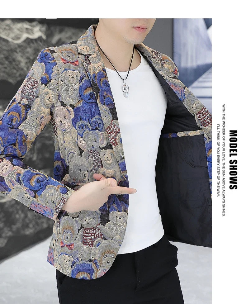 Blazer Fashion Print Trend All-in-one Wedding Outdoor Casual Gentleman Party Comfort Korean Business Men Slim Blazer