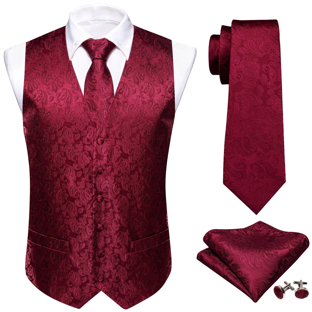 Men's Plaid & Paisley Vest with Pocket Square — Slim Fit Wedding Waistcoat for Men