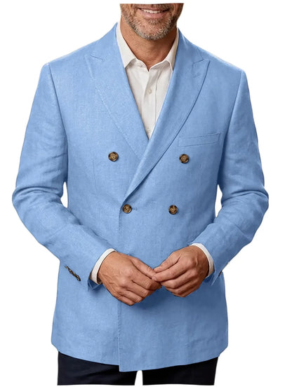 Men's Linen Blazer Double Breasted Casual Business 1Piece Jacket Slim Fit Formal Coat For Wedding Party Office Streetwear