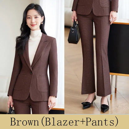 Brown Suits Women 2024 New Autumn High End Fashion Temperament Business Slim Blazer And Pants Sets Office Lady Work Wear