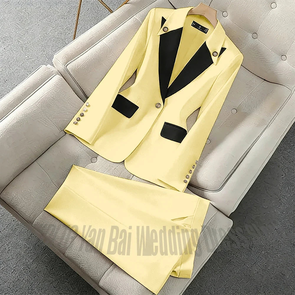 New Unique Women Pant Suit Contrast Color Modern Outfit One-Button Peaked Lapel Casual Fashion Daily Female Clothes Set 2 Piece