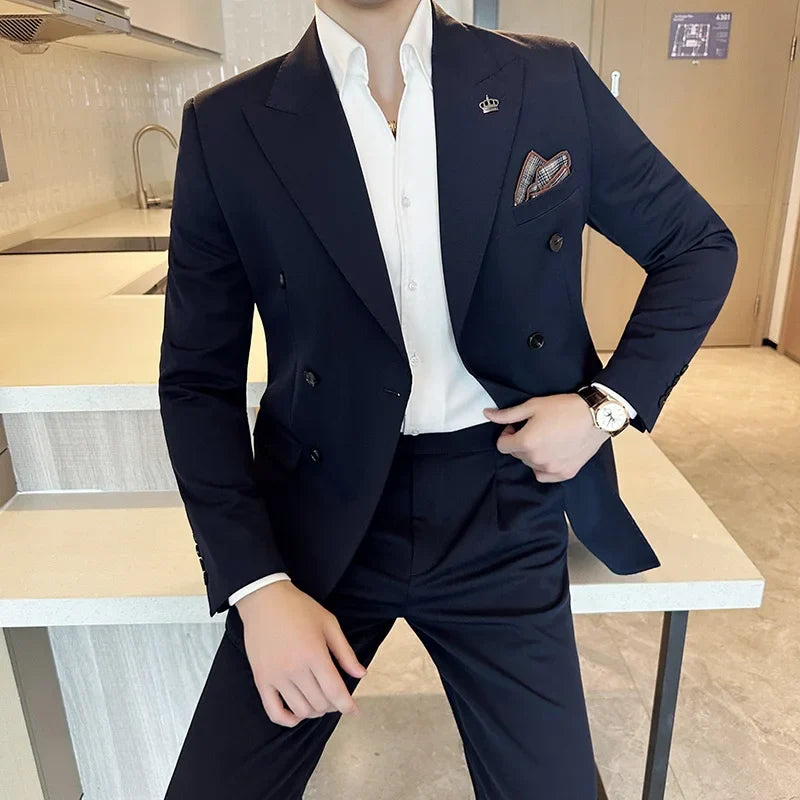 (Blazer + Trousers) Fashion Double Breasted Design Slim Men's Suit Italian Style Luxury Wedding Social Party Tuxedo 2 Piece Set