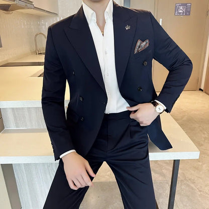 (Blazer + Trousers) Fashion Double Breasted Design Slim Men's Suit Italian Style Luxury Wedding Social Party Tuxedo 2 Piece Set