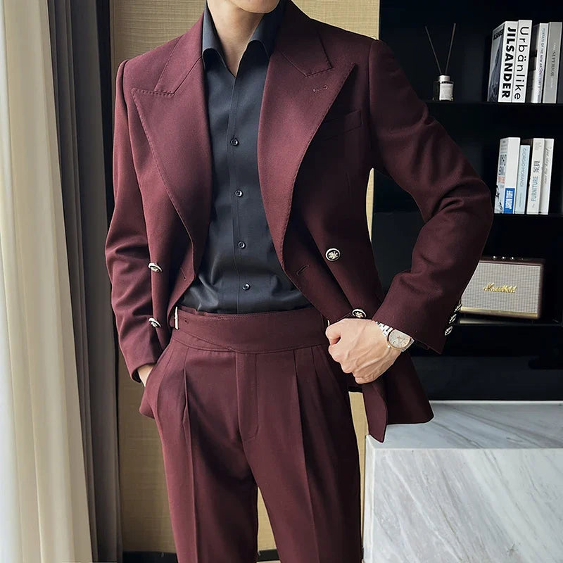 British Style Double Breasted Blazers Men Fashion Solid Color Thick Warm Suit Jackets Casual Business Wedding Social Dress Coat