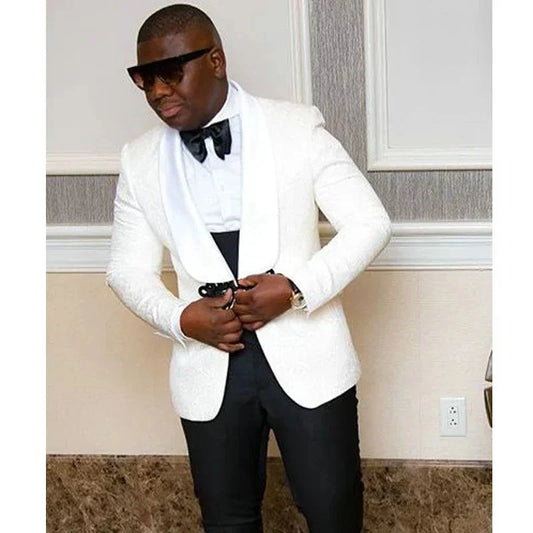 Men Suits for Wedding White Floral Jacket with Black Pants Vest Formal Business Prom Groom Tuxedo Male Fashion Costume 3 Pcs