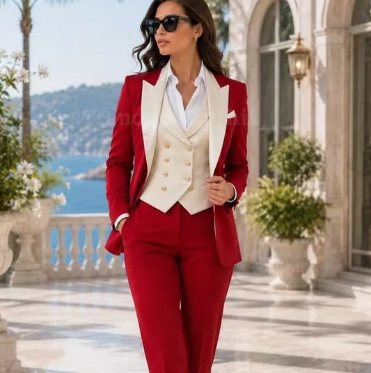 Ivory And Red Formal Business Women Suit Wedding Party Prom Mother Girl Tuxedos Costume 3 Piece Set Blazer Vest Pants