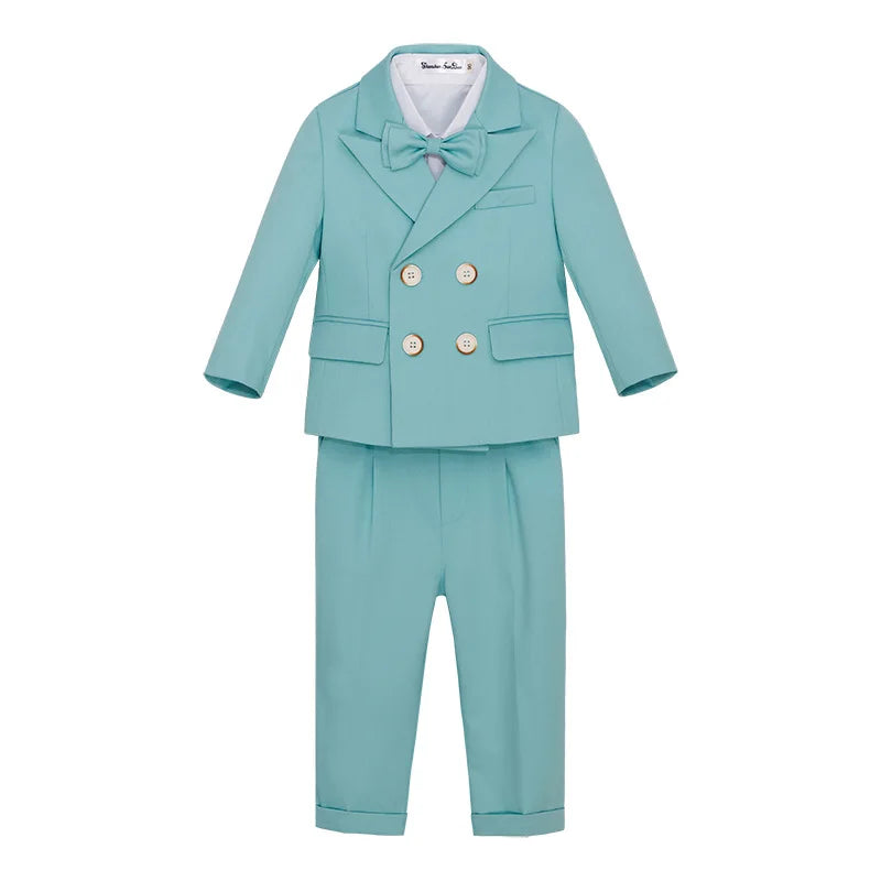 Kid Light Green 5Pieces Suit Set With Jacket Vest Pants Bowtie Brooch Boys Wedding Birthday Party Piano Performance Costume