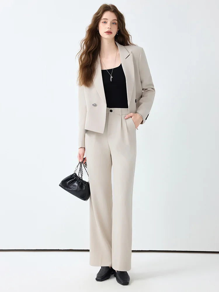 Solid Suits for Women 2025 Spring Fashion Office Ladies Long Sleeve Double Breasted Short Tops Chic Cargo Pant Suits