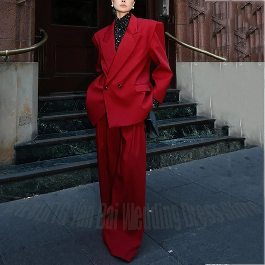Solid Color Women Suit Smart Casual Peaked Lapel Loose Outfit Double Button High Street Party Wedding Set Two Piece Jacket Pants