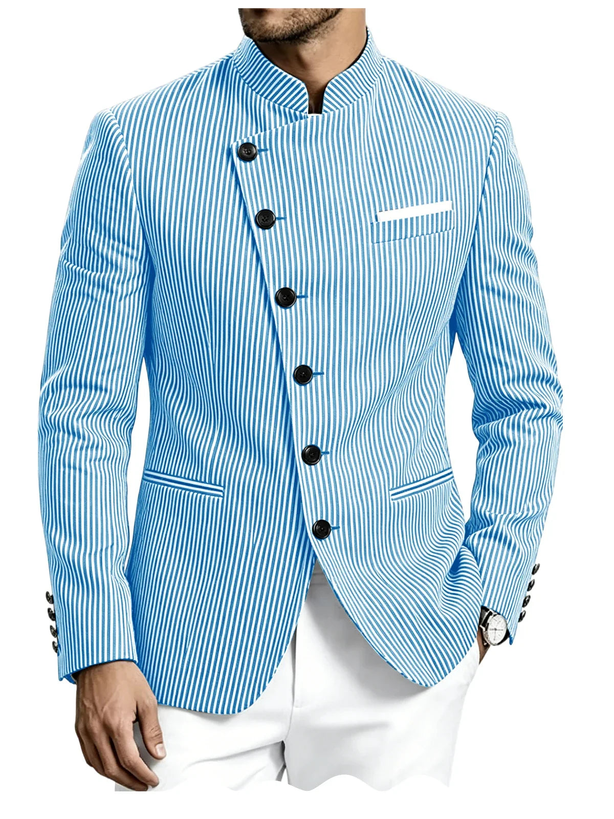 Men Mandarin Collar Suit Jacket Stand Collar Asymmetrical Single Breasted Men Blazer Slim Fit Business Formal Coat For Business