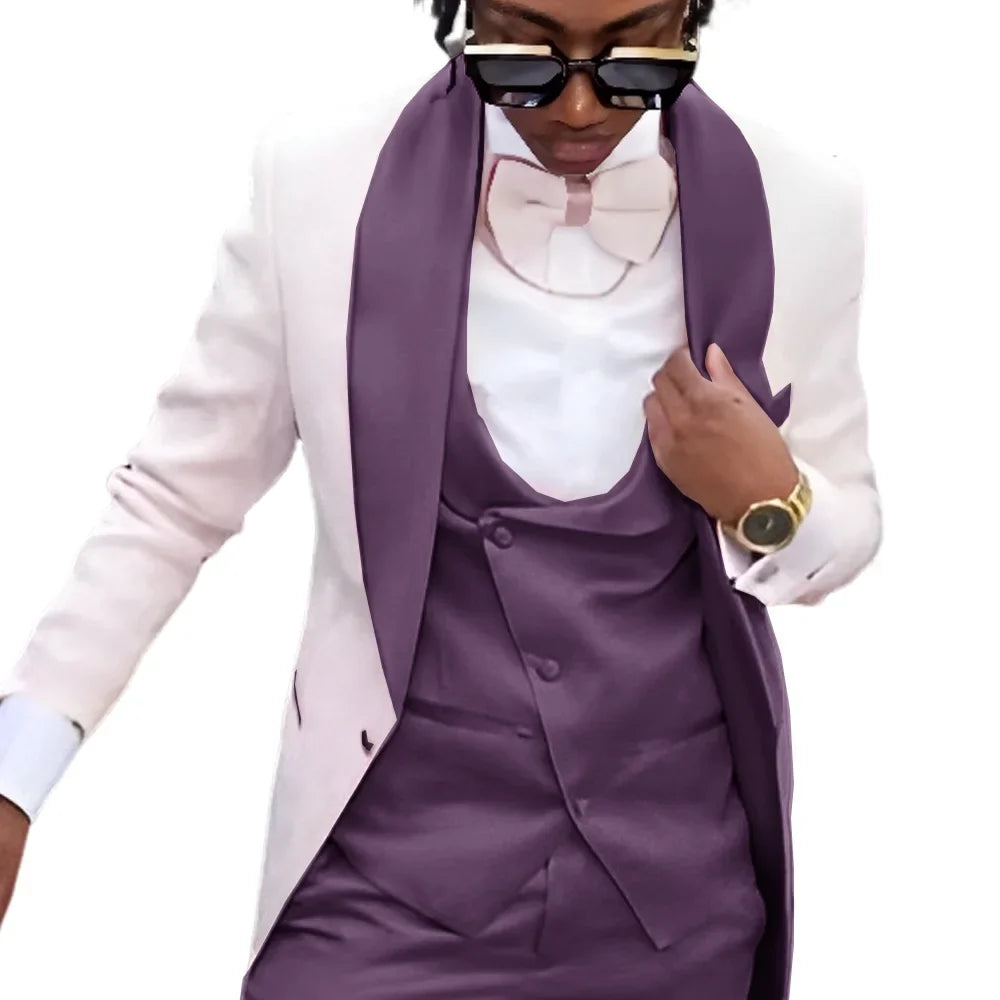 Fashion Men's Suit 3 piece Suit White Jacket Khaki Vest Pants Wedding Tuxedo Groom Tailored Suit Blazer for Men Slim Fit Outfit