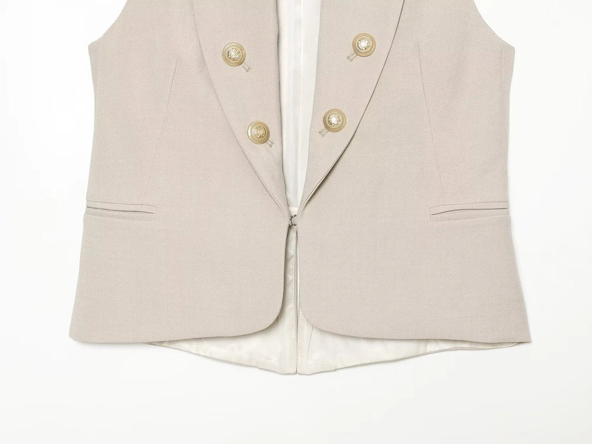 2026 Elegant Office Women Sleeveless Waistcoat Lapel Double Breasted Metal Gold Button Flap Pockets Slim Business Suit Vest