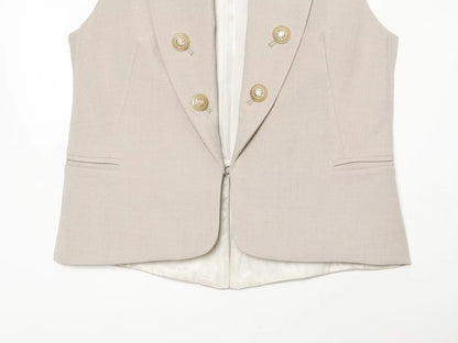 2026 Elegant Office Women Sleeveless Waistcoat Lapel Double Breasted Metal Gold Button Flap Pockets Slim Business Suit Vest