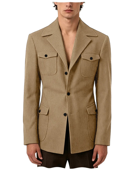 Men's Pinstripe Blazer Slim Fit Notched Lapel Lightweight Breathable Multi Pocket Comfortable Casual Sport Coat For Summer
