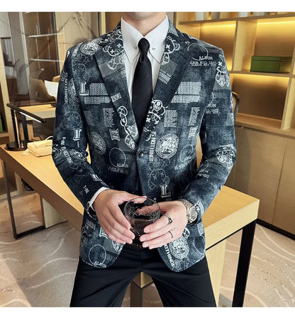 2024 Autumn Winter Jacquard Denim Suit Jacket for Men Fashion Business Casual Blazers Streetwear Social Men Clothing